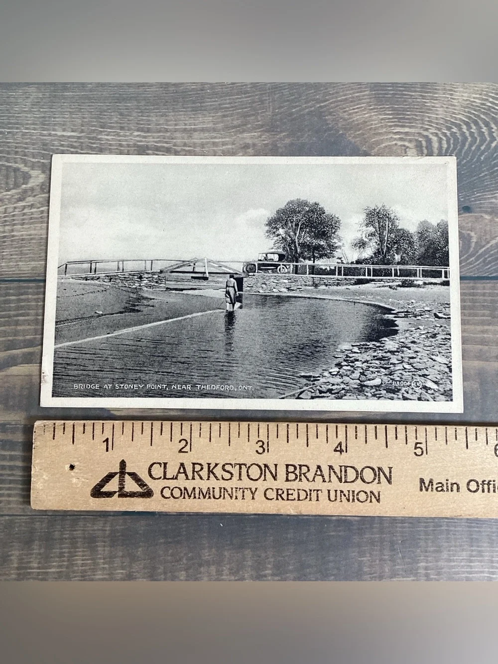 1910s Black & White Postcard Bridge At Stoney Point Thedford Ontario Touring Car
